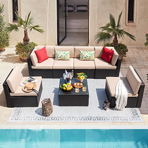 7 Pieces Wicker Rattan Outdoor Sectional Sofa Set with Cushion and Glass Table K46242