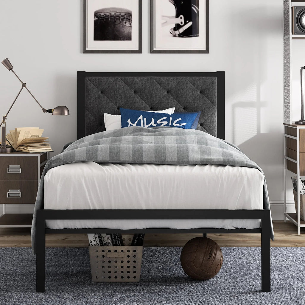 Twin Size Metal Bed Frame with Upholstered Headboard D9605