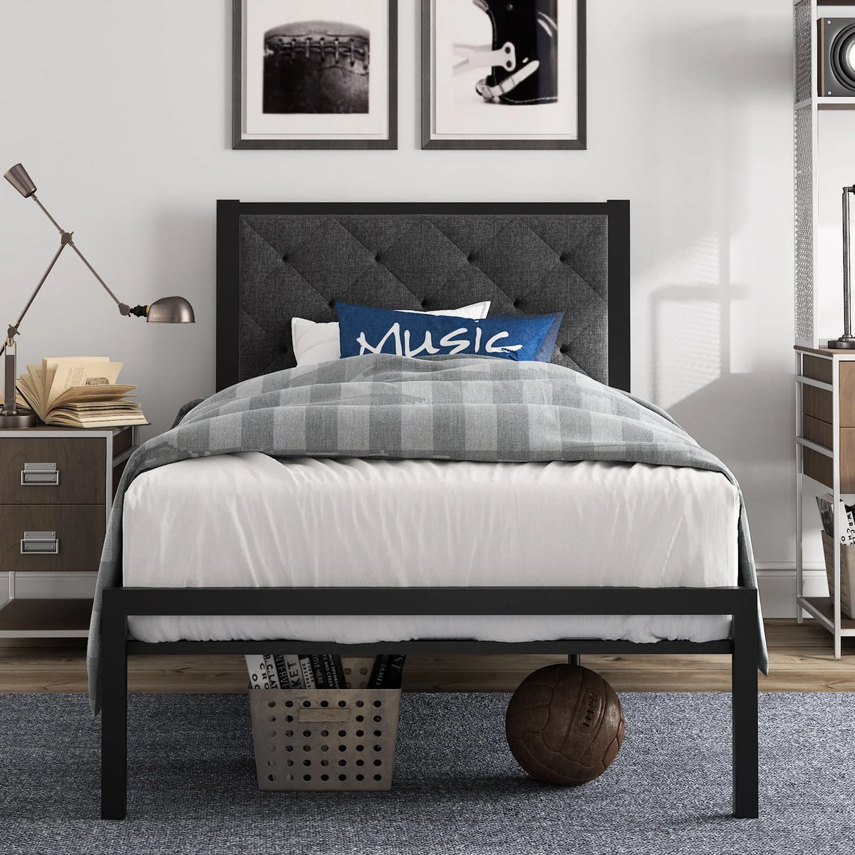 Twin Size Metal Bed Frame with Upholstered Headboard D9605