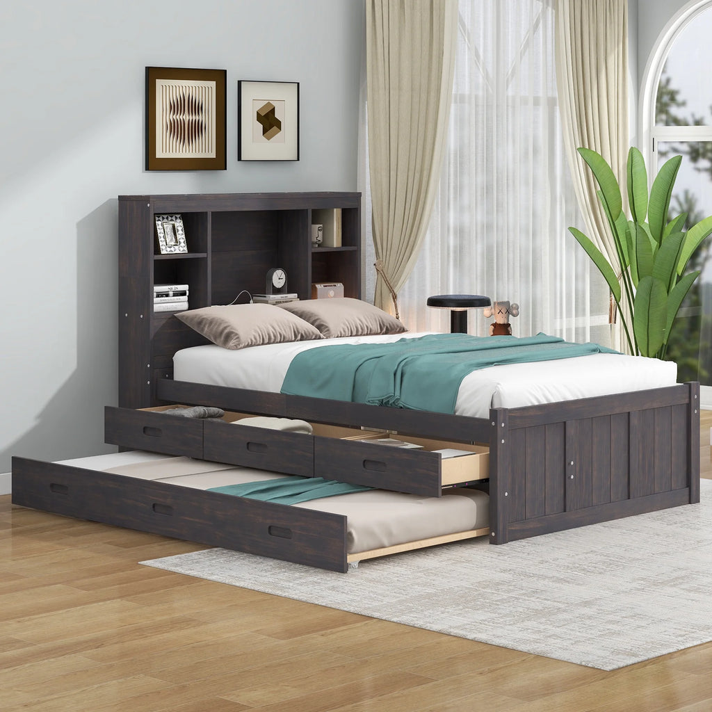Twin Size Wood Platform Bed with Storage Headboard and Trundle R4869