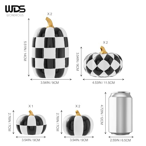 7Pcs Black and White Faux Checkered Pumpkins R10421
