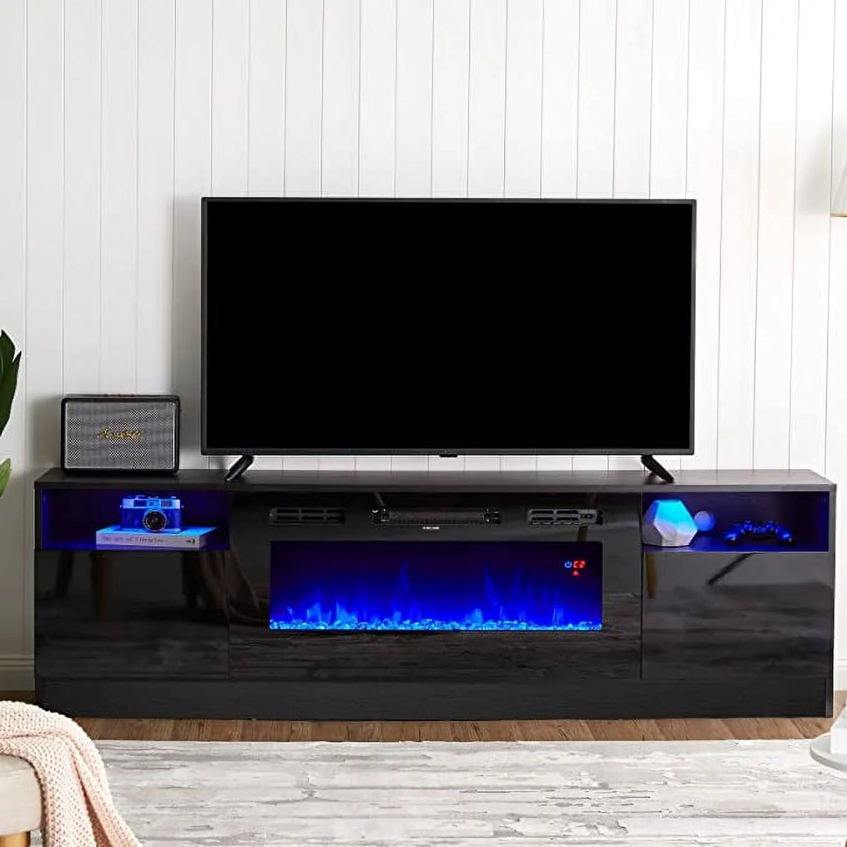 Black 70 inch Wood TV Stand with 36 Electric Fireplace L9619