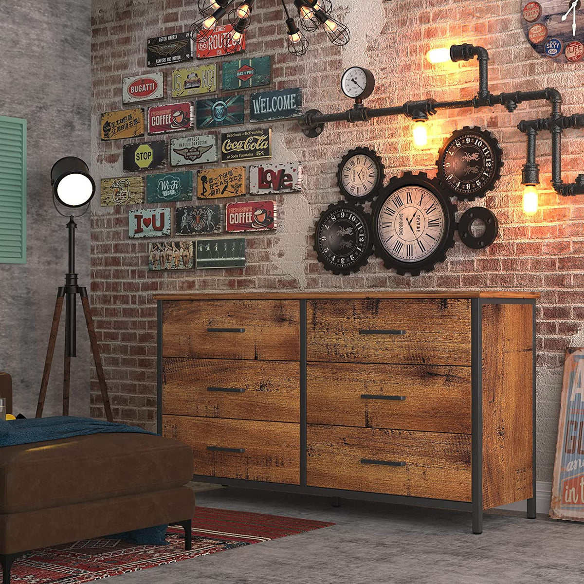 6 Drawer Double Dresser Industrial Wood Storage Dresser V8354