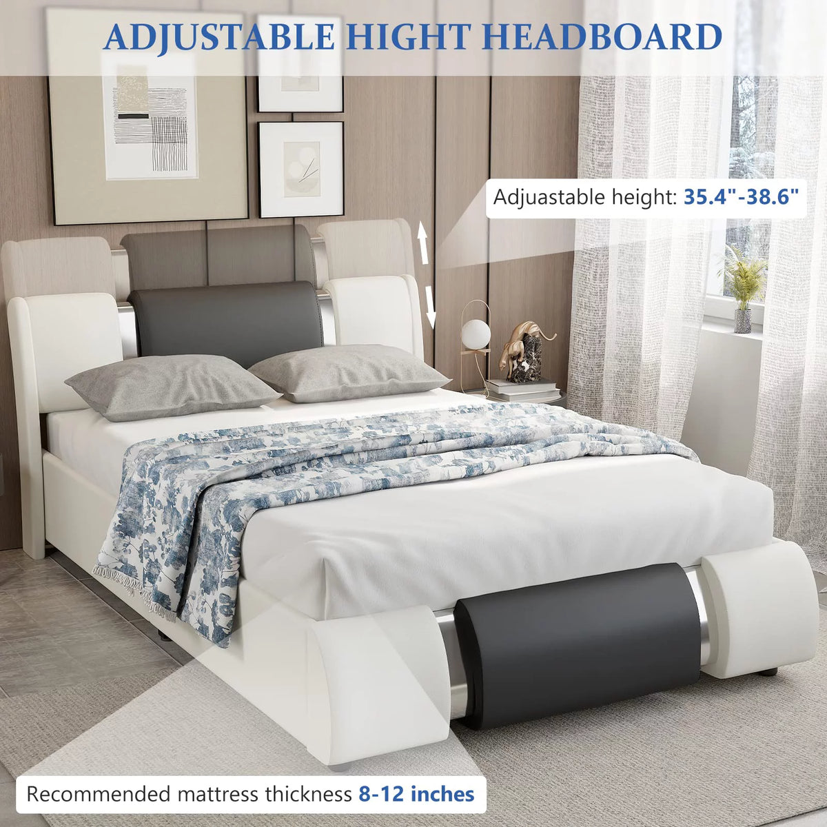 Queen Size Faux Leather Upholstered Platform Bed Frame with LED Light Headboard X503274