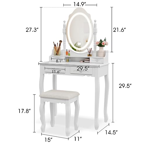 White Vanity Desk with Mirror and Lights, 4 Drawers and Cushioned Stool Set M3058
