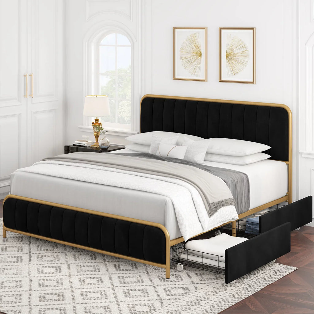Queen Size Beige Upholstered Platform Bed with 4 Storage Drawers W214