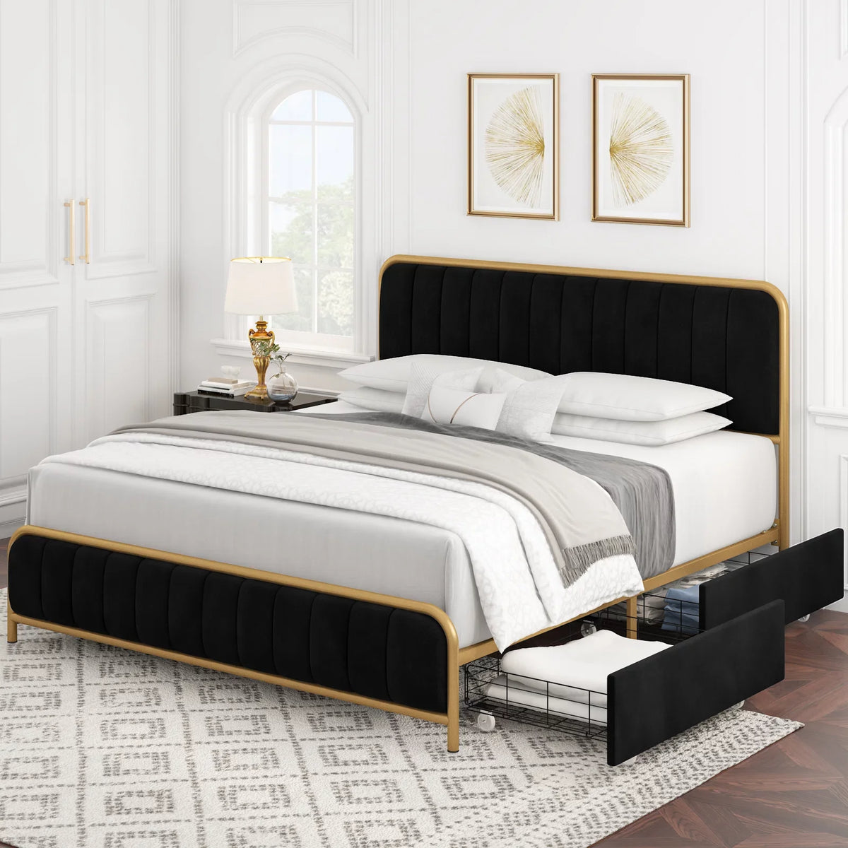 Queen Size Beige Upholstered Platform Bed with 4 Storage Drawers W214