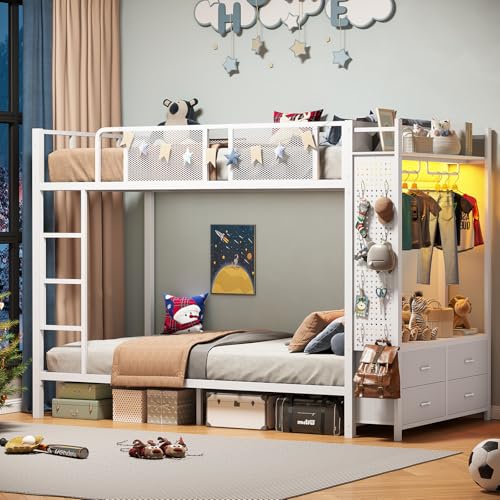 White Metal Twin Over Twin Bunk Bed with 4 Storage Drawers A7263