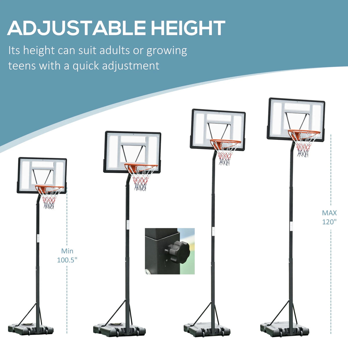 Portable Basketball Hoop Stand with 34 In. Backboard, Wheels, Height Adjustable 8 Ft. to 10 Ft. J4276