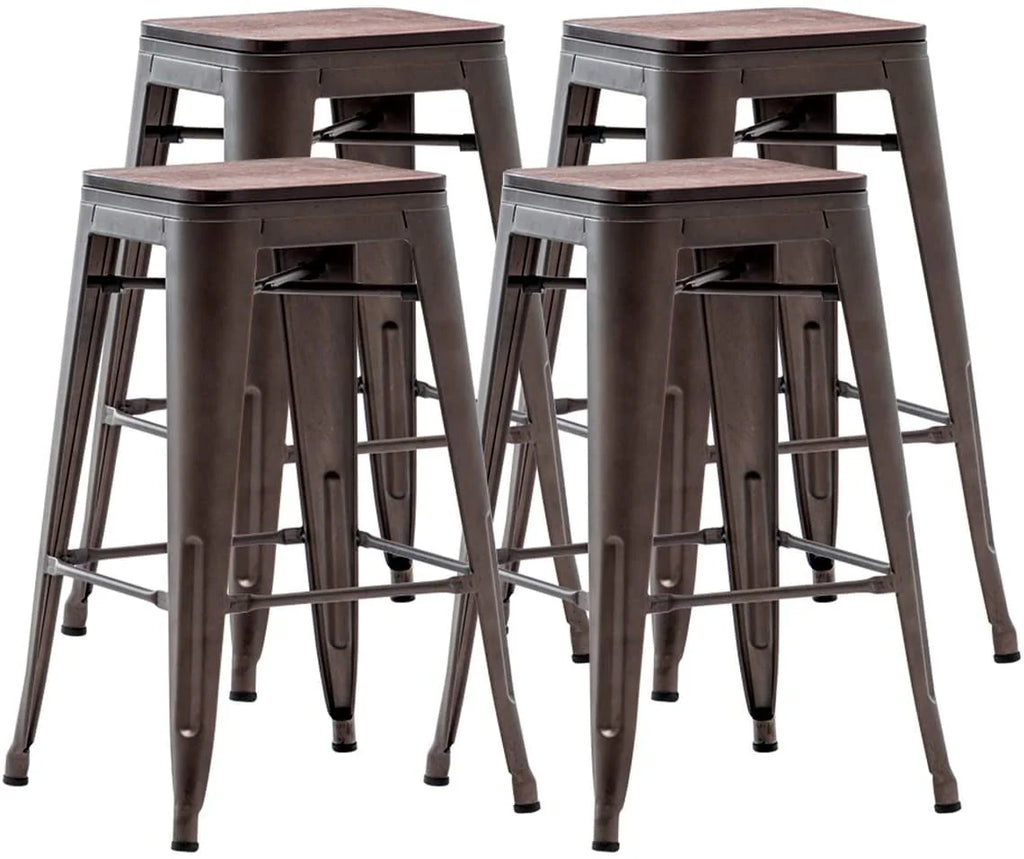 Set of 4 Metal Bar Stools Wood Seat Backless Q3484