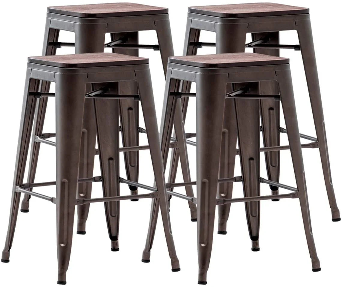 Set of 4 Metal Bar Stools Wood Seat Backless Q3484