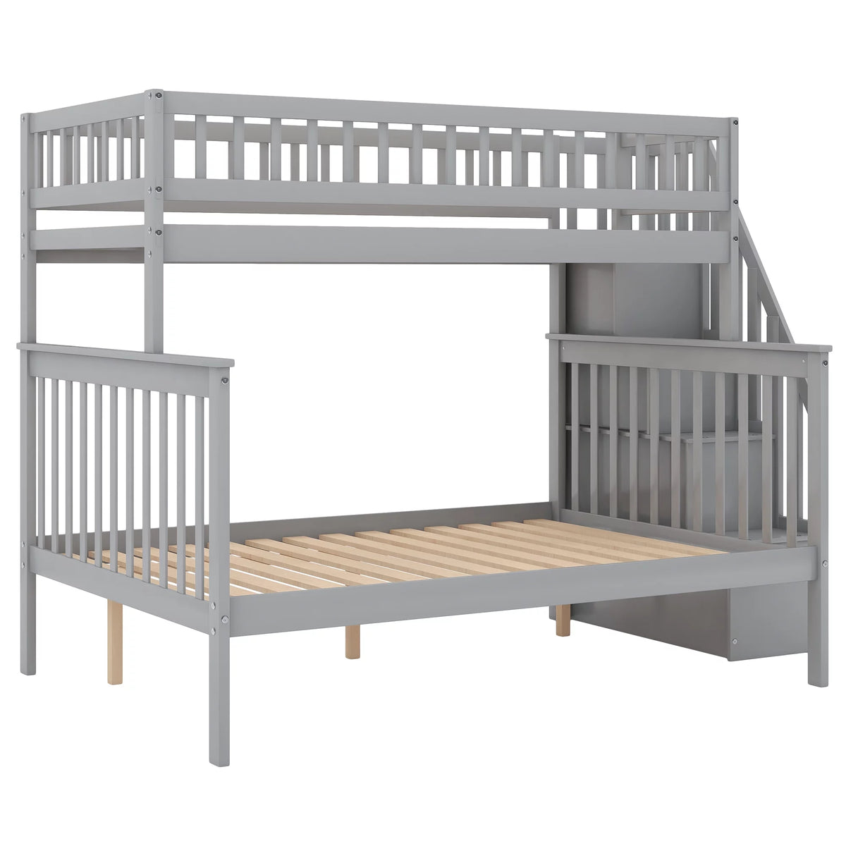 Gray Wood Twin over Full Bunk Bed with Stairs and Storage Shelf P126