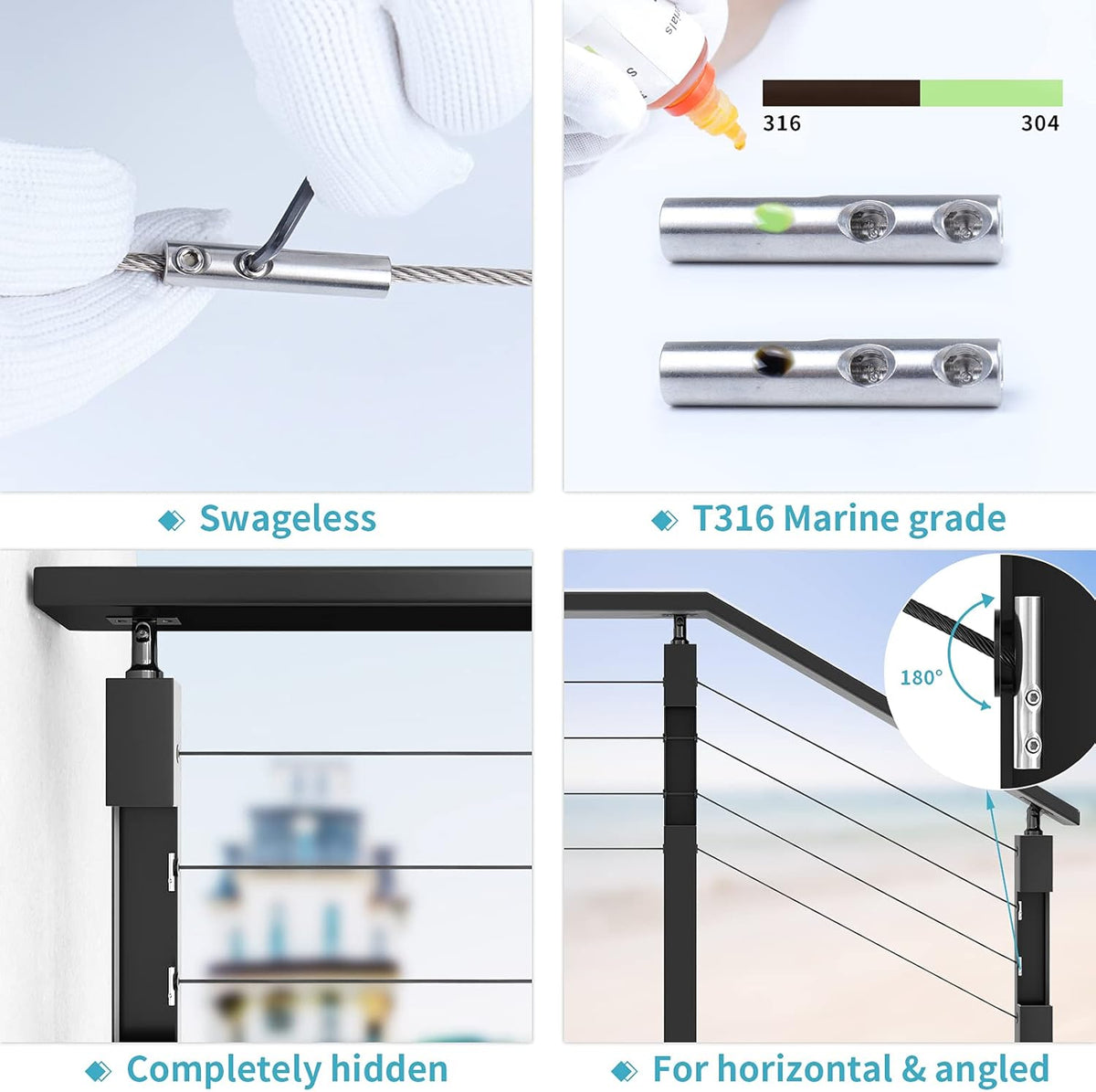 20 Pack 1/8 Swageless Invisible Cable Railing Kit T316 Stainless Steel W993525