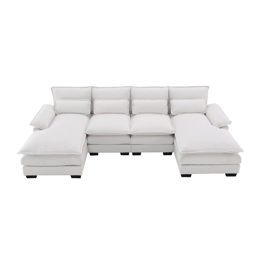 White Chenille U-shaped 6 Seat Sofa with Chaise Lounge B7737