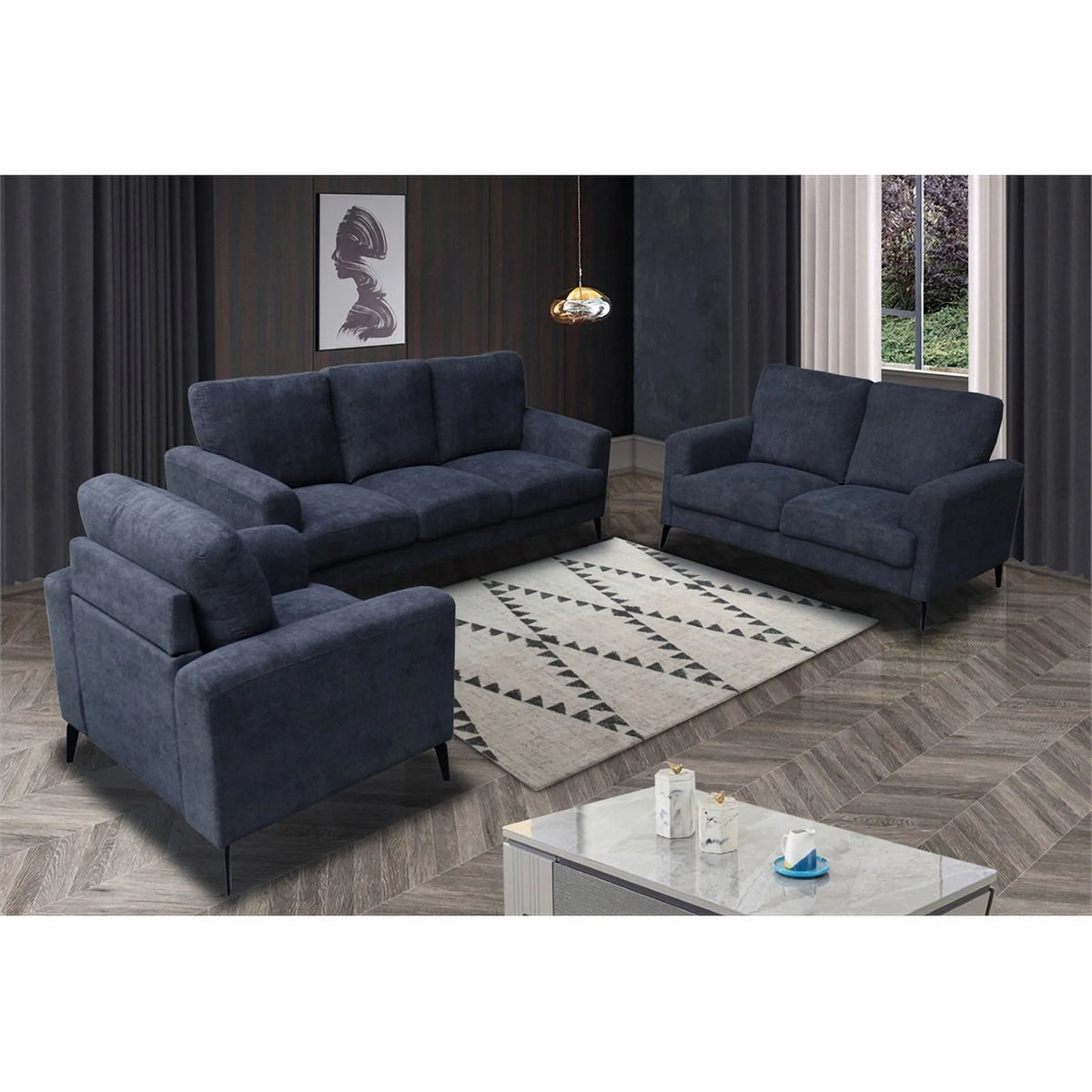 Black Chenille Sofa Loveseat Chair Living Room Set F717