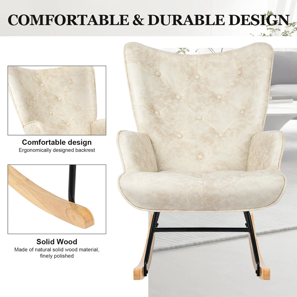 Polyester Fabric Rocking Chair with Wooden Base and Armrests White P350373