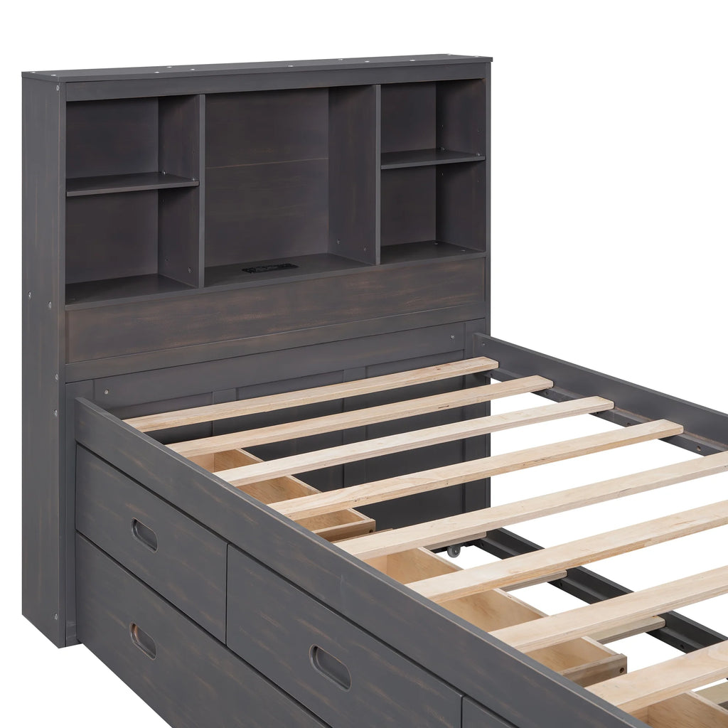 Twin Size Wood Platform Bed with Storage Headboard and Trundle R4869