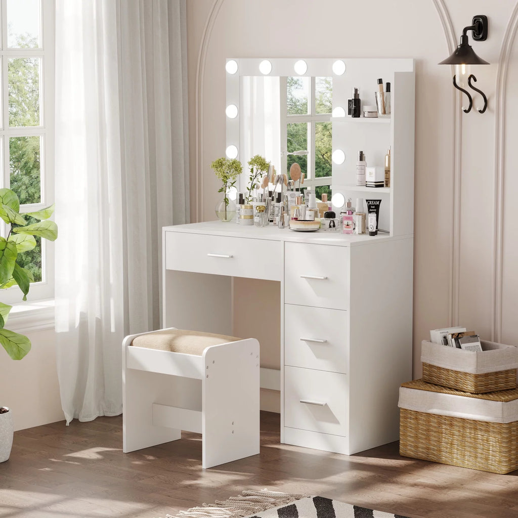 White Makeup Vanity Table with Lighted Mirror and 4 Drawers Y22904