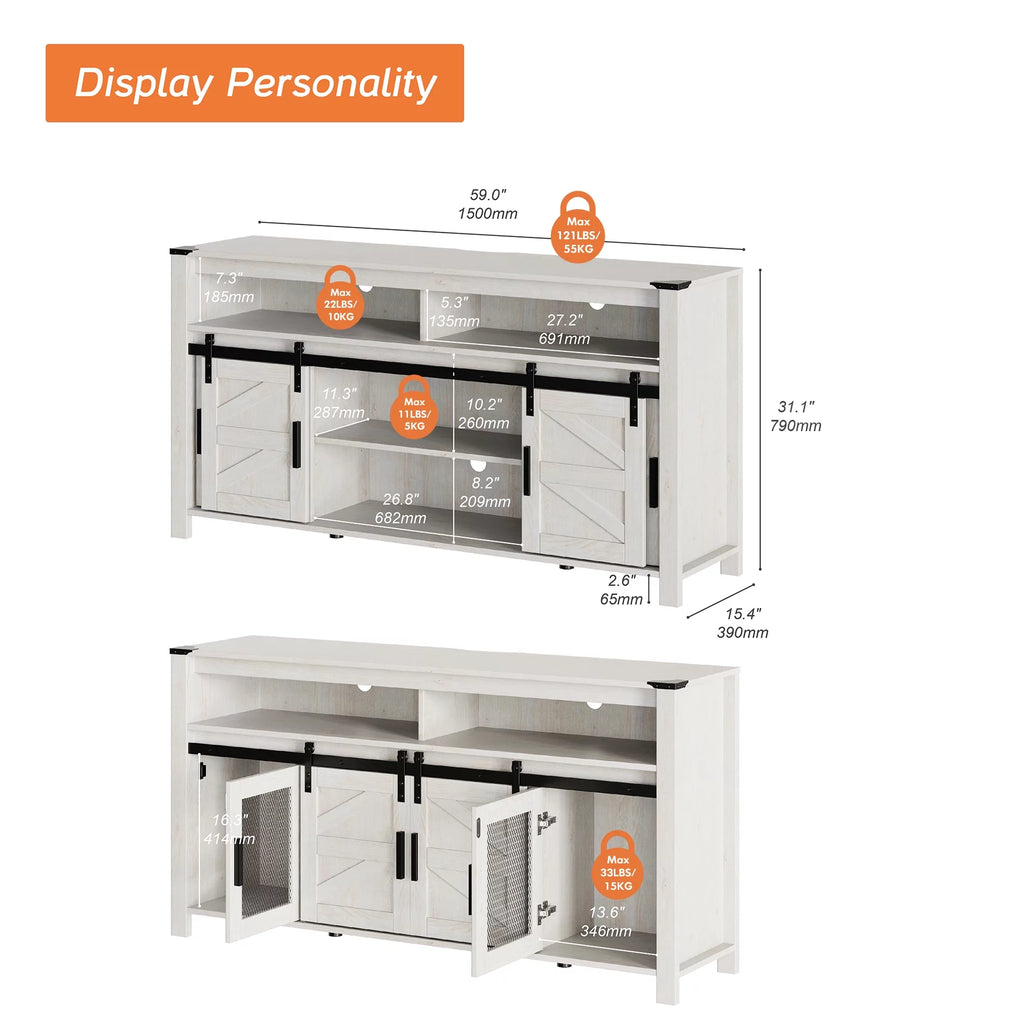 Antique White Wooden TV Stands with Mesh and Barn Doors V602117