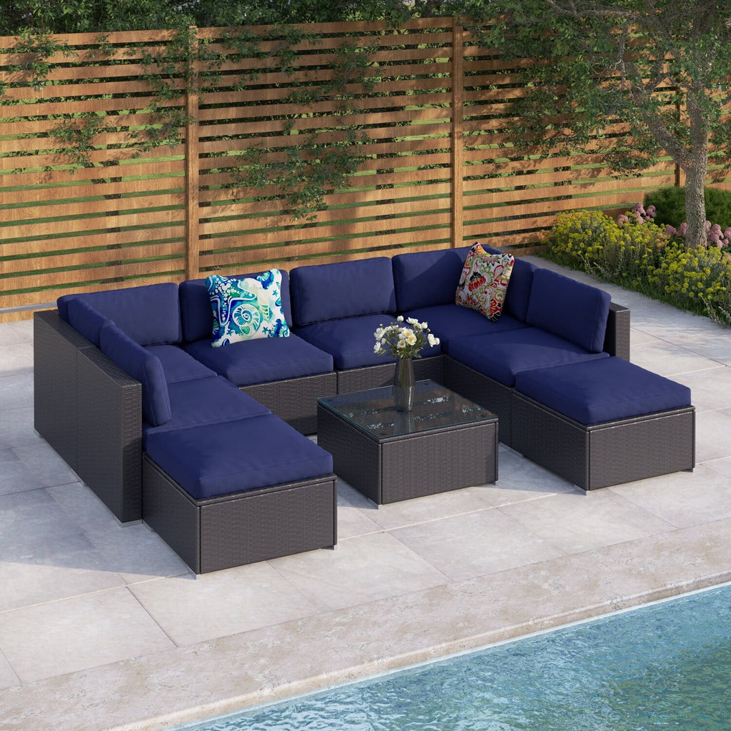 9-Piece Rattan Wicker Cushioned Patio Sectional Sofa Set J362159