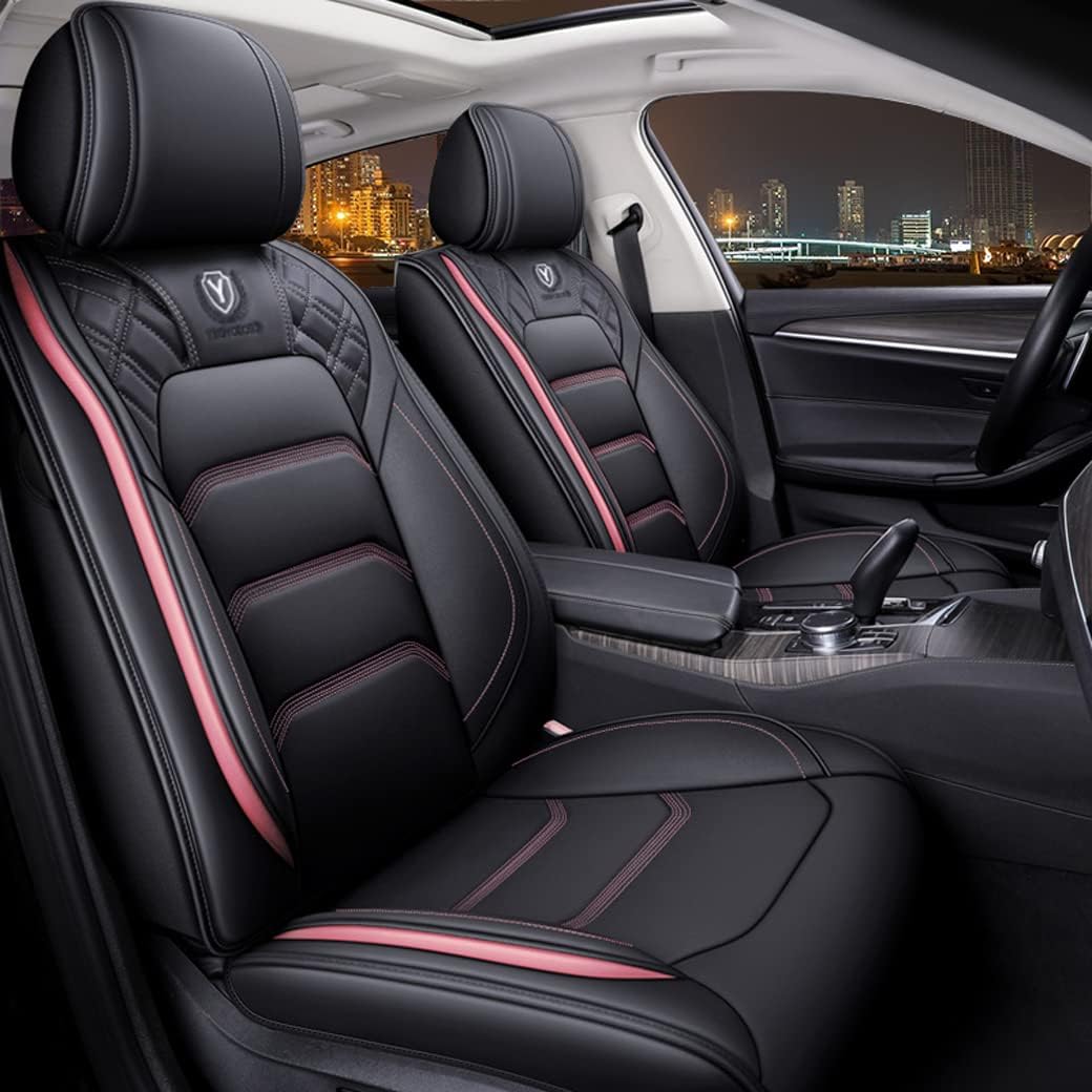 Leather Car Seat Covers 5 Seats Full Set Black Pink Q613675