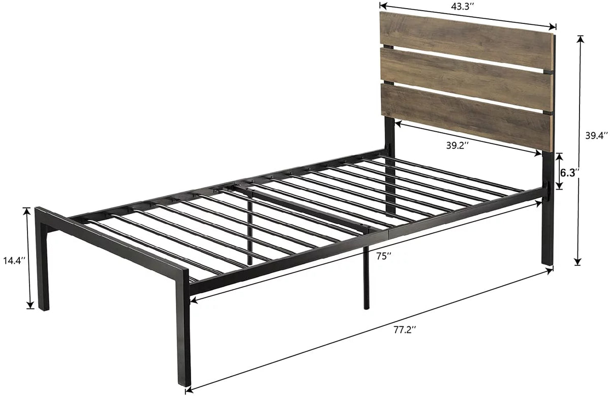 Twin Rustic Style Metal Platform Bed with Headboard and Metal Slats, Brown D57548
