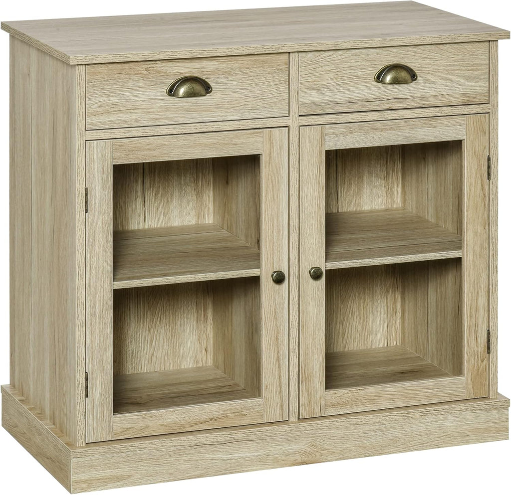 Oak Sideboard Storage Cabinet with 2 Glass Doors and 2 Drawers O234