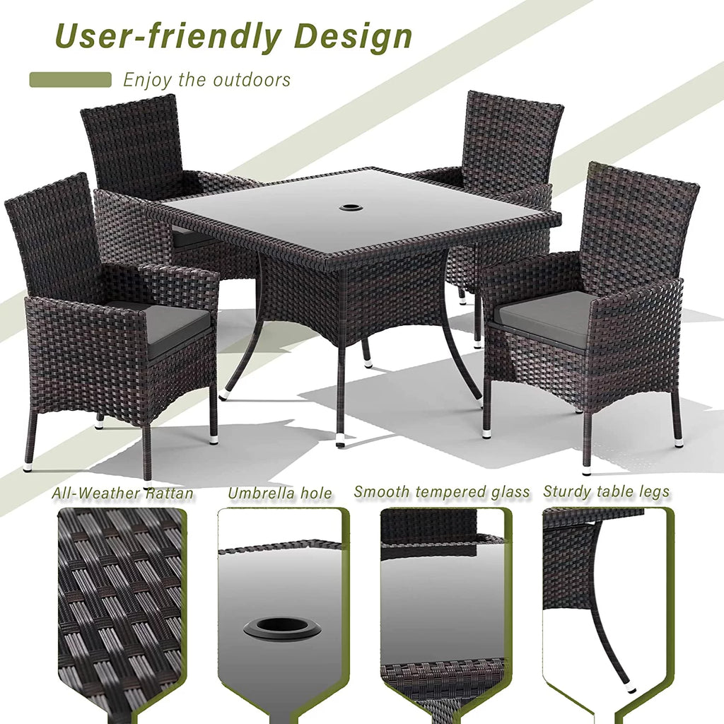 5 Pieces Patio Dining Set with Glass Tabletop 4 Chairs with Cushions Gray B5160