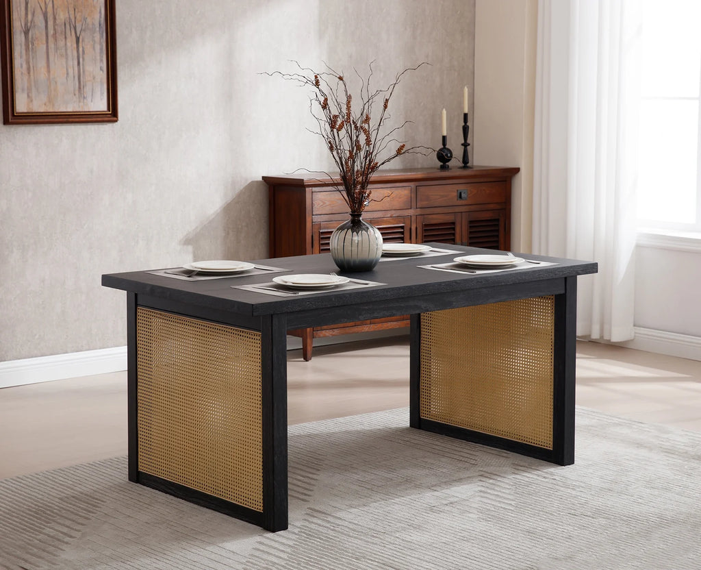 63" Solid Wood Rectangular Dining Table with Rattan Legs N413