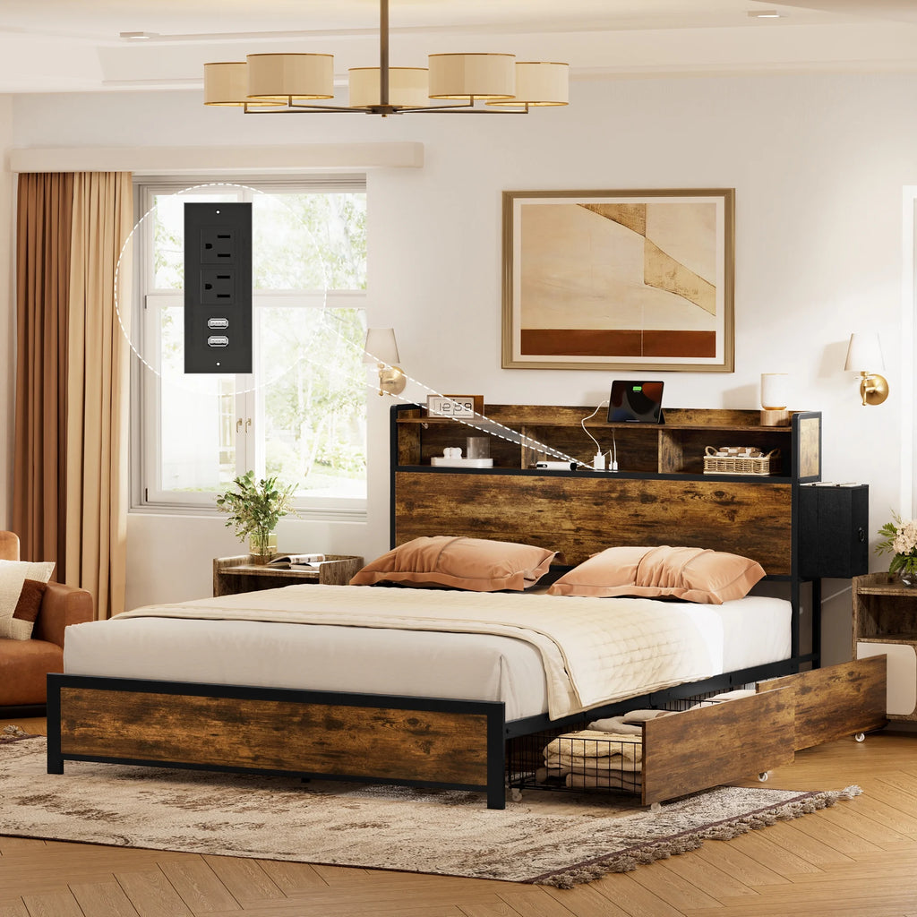 Queen Bed Frame with Storage Headboard and 2 Drawers C53586