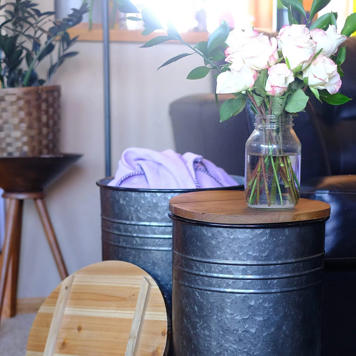 2pk Galvanized Metal Barrel Side Table Ottoman Set O811362