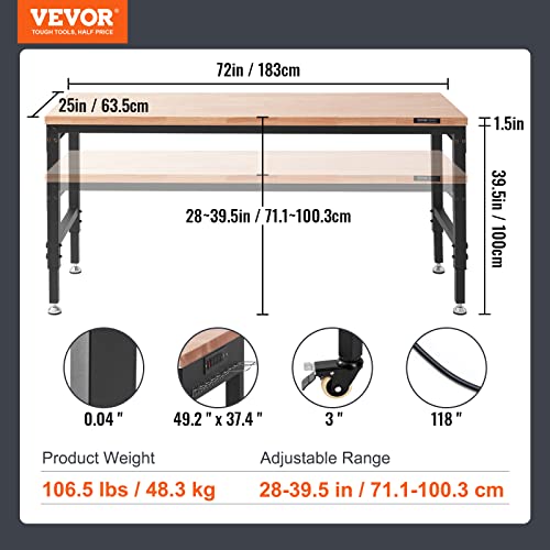 60" Adjustable Heavy Duty Workbench 2000 LBS with Power Outlets P49902