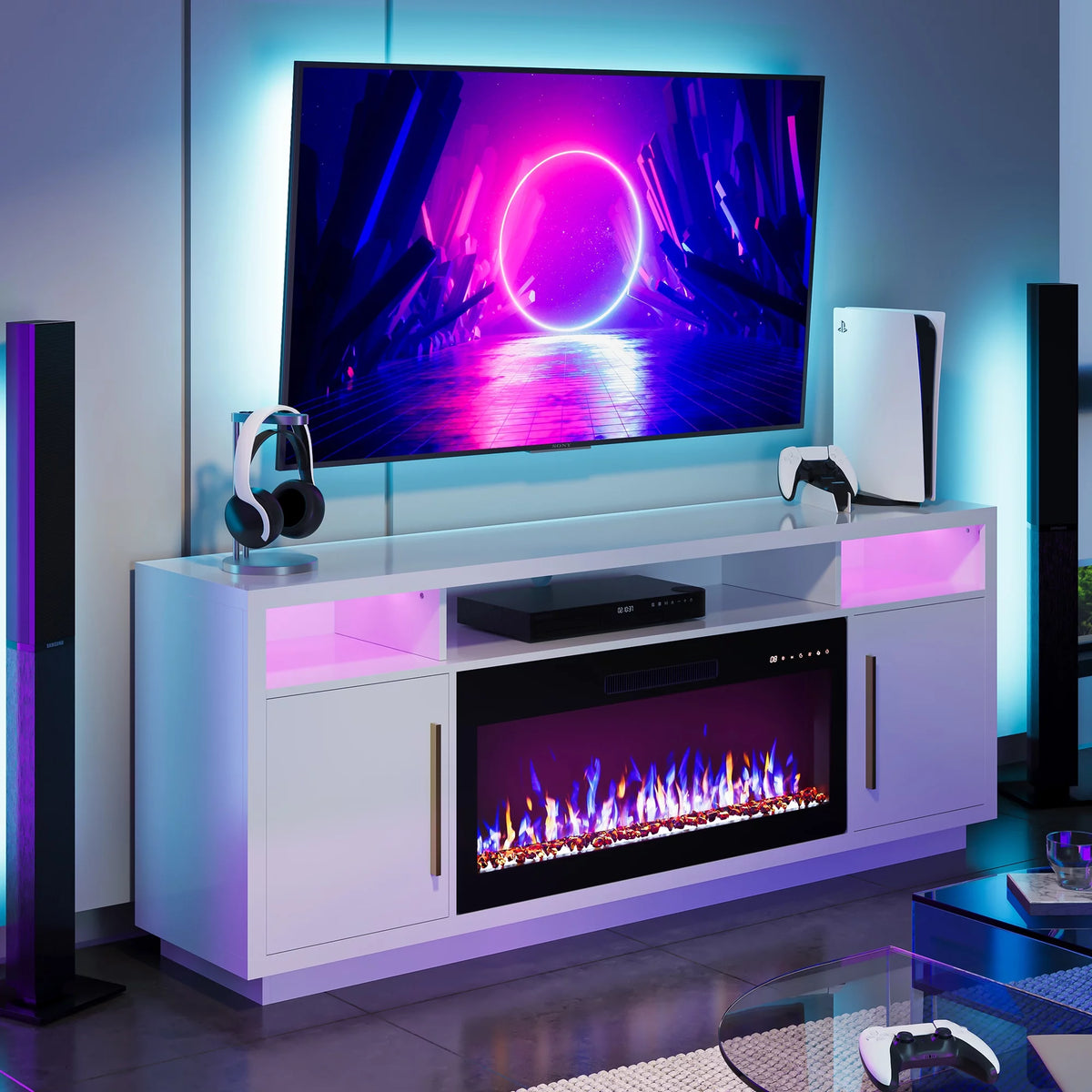 White 69 Inch Fireplace TV Stand with Storage W5523