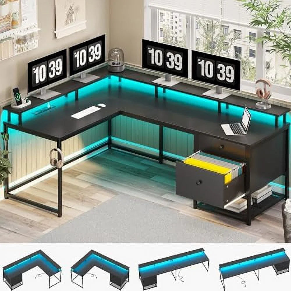 Black L Shaped Corner Computer Desk with Drawers U216384