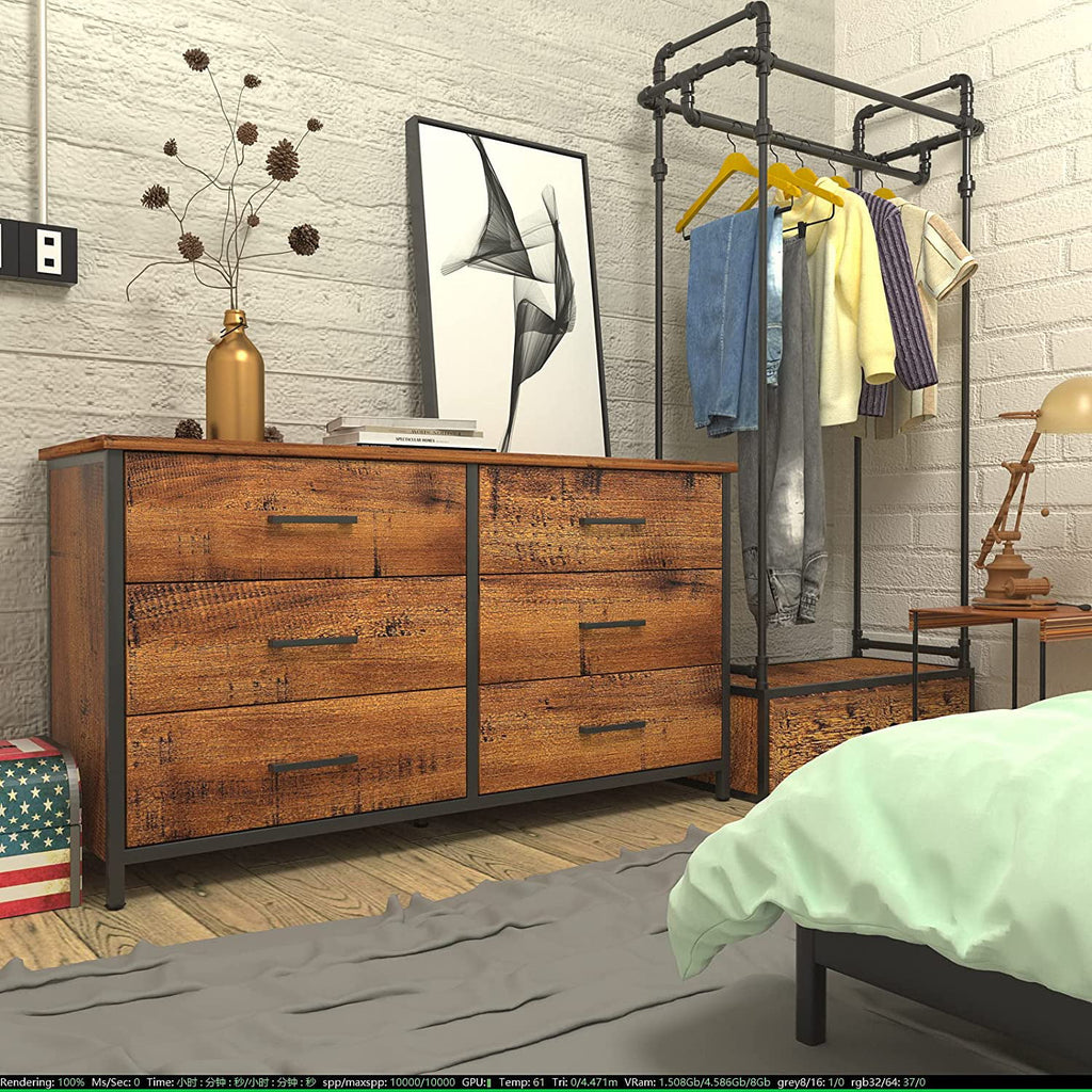 6 Drawer Double Dresser Industrial Wood Storage Dresser V8354