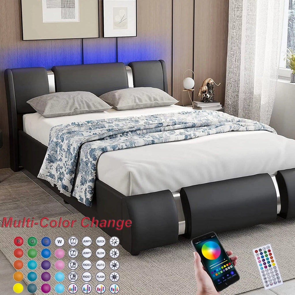 Queen Size Faux Leather Upholstered Platform Bed Frame with LED Light Headboard X503274