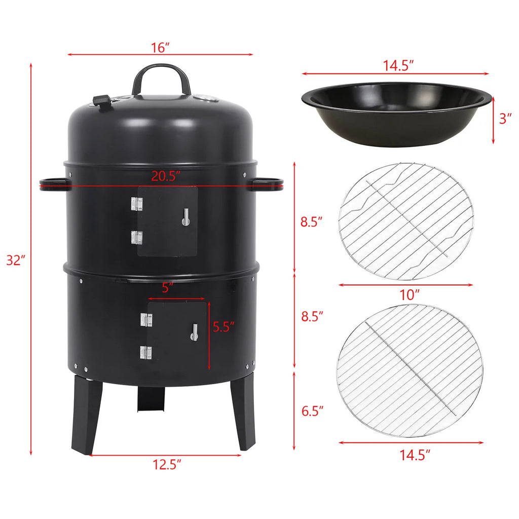 Detachable 3-in-1 Vertical Charcoal BBQ Smoker Grill W349842