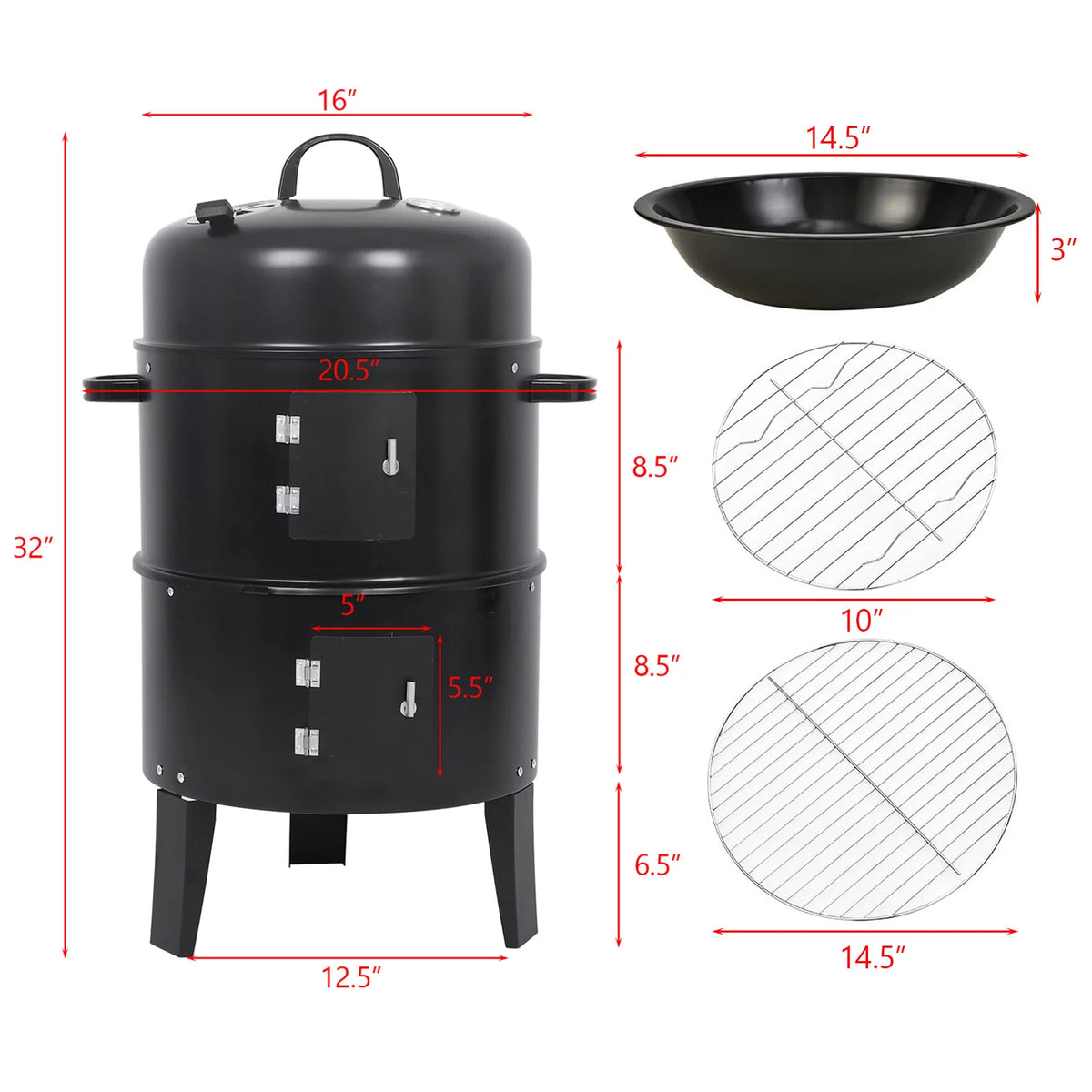 Detachable 3-in-1 Vertical Charcoal BBQ Smoker Grill W349842