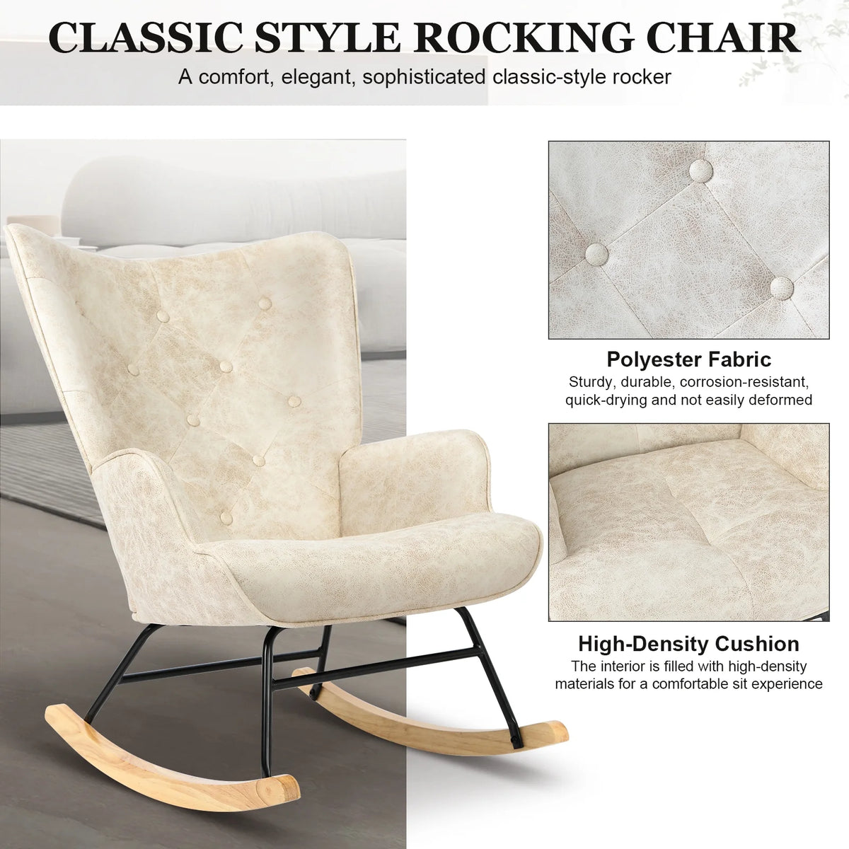 Polyester Fabric Rocking Chair with Wooden Base and Armrests White P350373