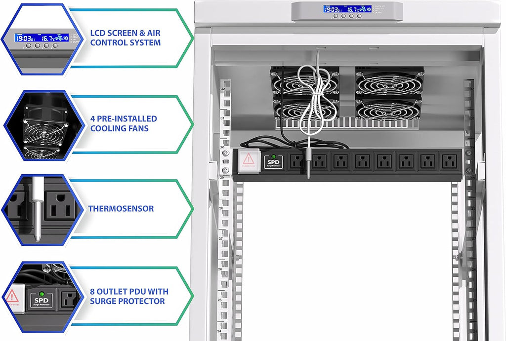 22U 35 Inch Deep Grey White Server Rack Cabinet Enclosure on Wheels V118436
