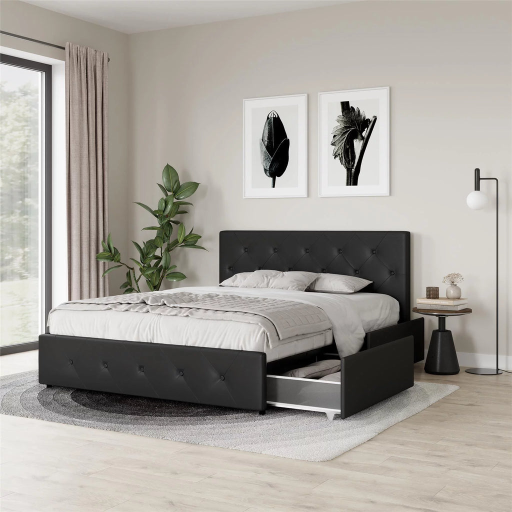 Black Faux Leather Queen Upholstered Storage Bed D7211