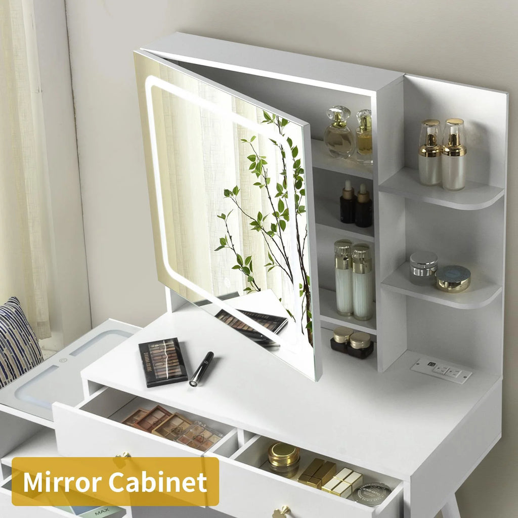 White Lighted Vanity Table Set with LED Nightstand S512
