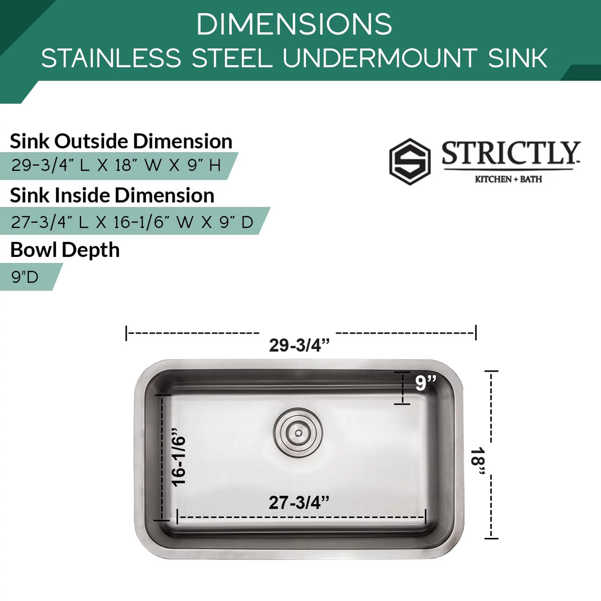 29 Inch Undermount Single Bowl 18 Gauge Kitchen Sink R136085