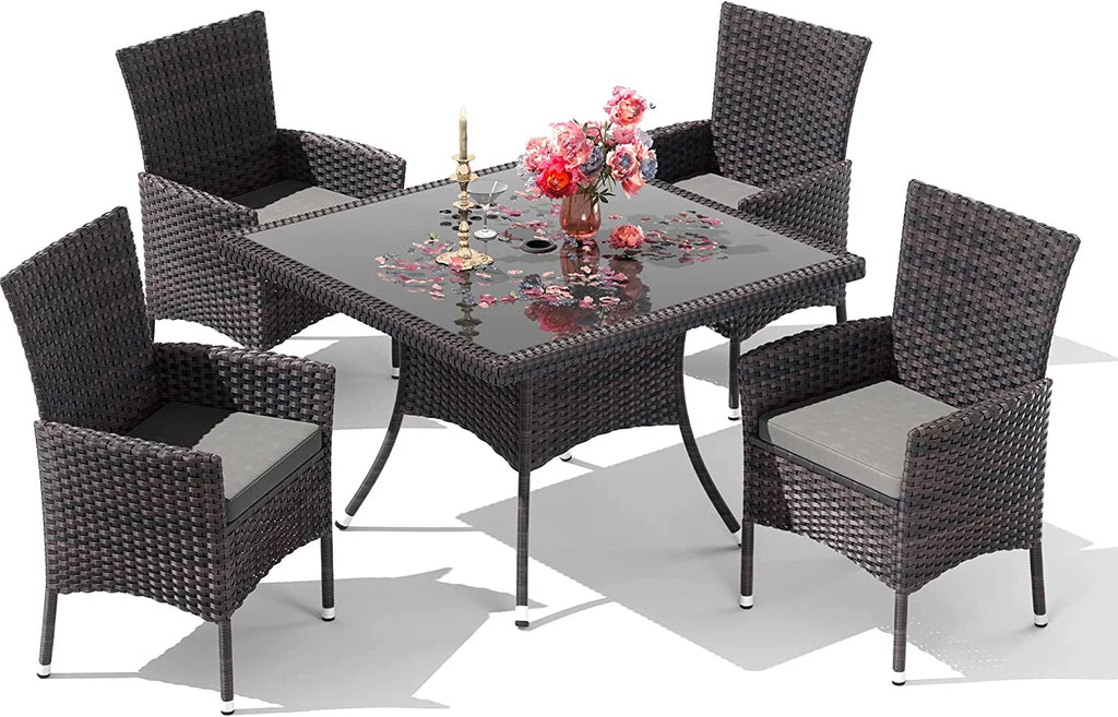 5 Pieces Patio Dining Set with Glass Tabletop 4 Chairs with Cushions Gray B5160