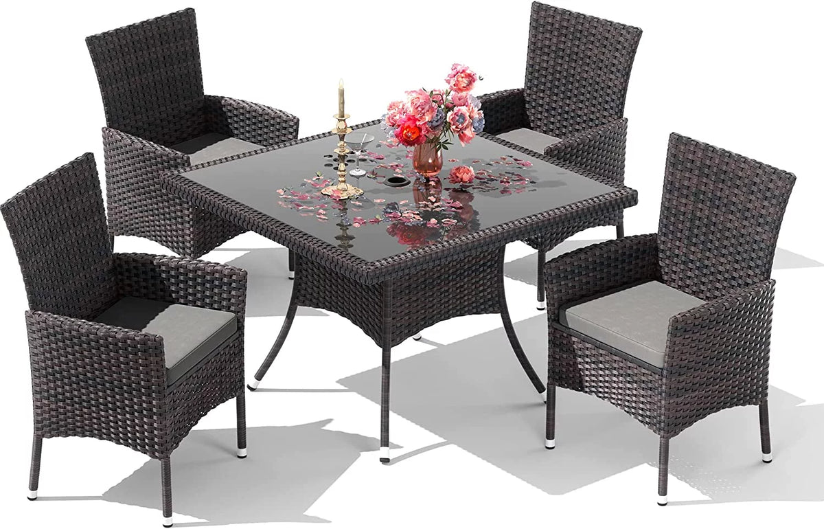 5 Pieces Patio Dining Set with Glass Tabletop 4 Chairs with Cushions Gray B5160