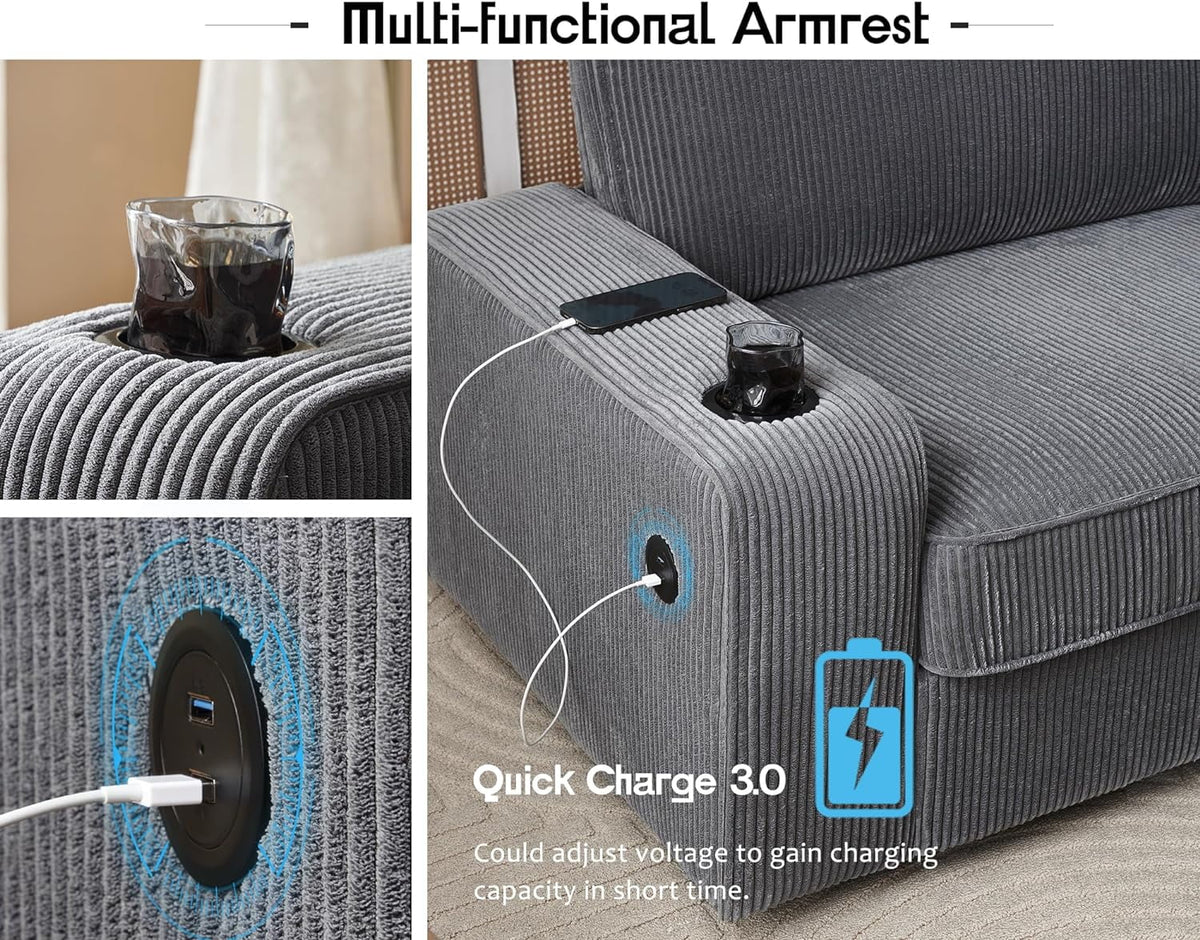 89 inch Grey Chenille Sofa with USB Charging Ports & Cup Holders Q549628