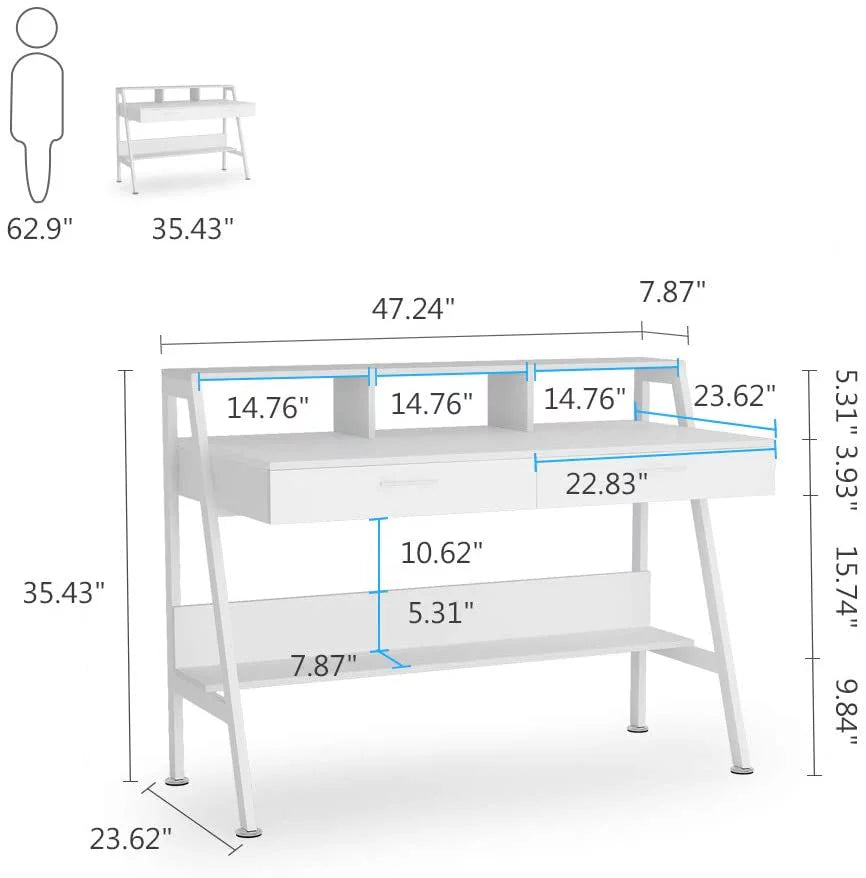 White Computer Desk with 2 Drawers and Storage Shelf J907
