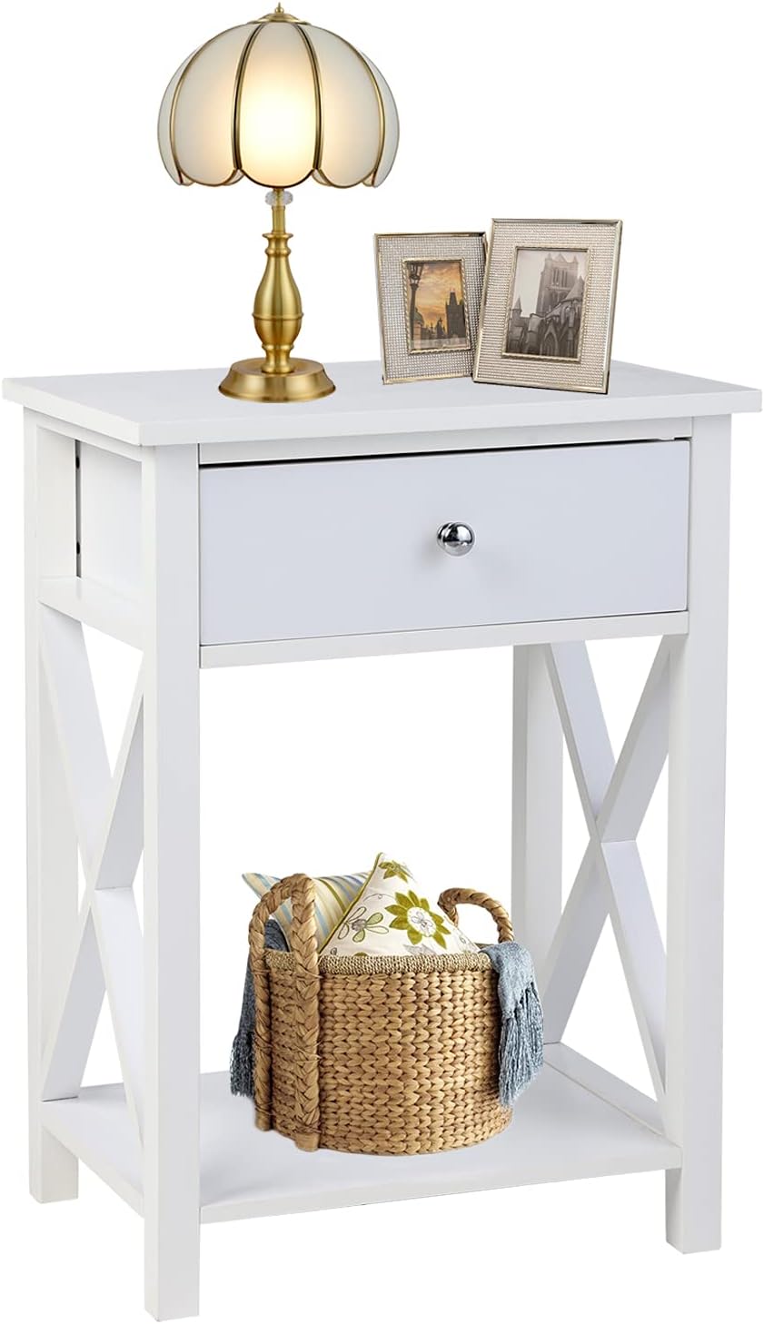 White Wooden Side End Table with Bin Drawer Set of 2 D925605
