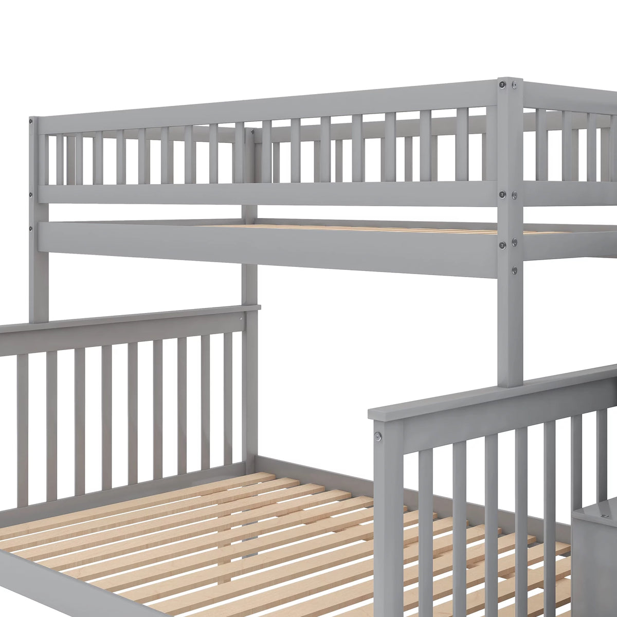 Gray Wood Twin over Full Bunk Bed with Stairs and Storage Shelf P126