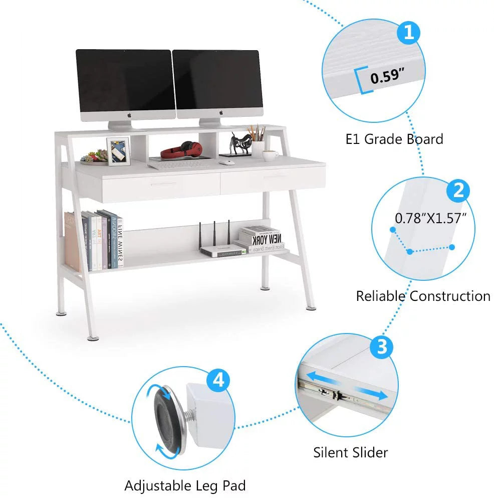 White Computer Desk with 2 Drawers and Storage Shelf J907